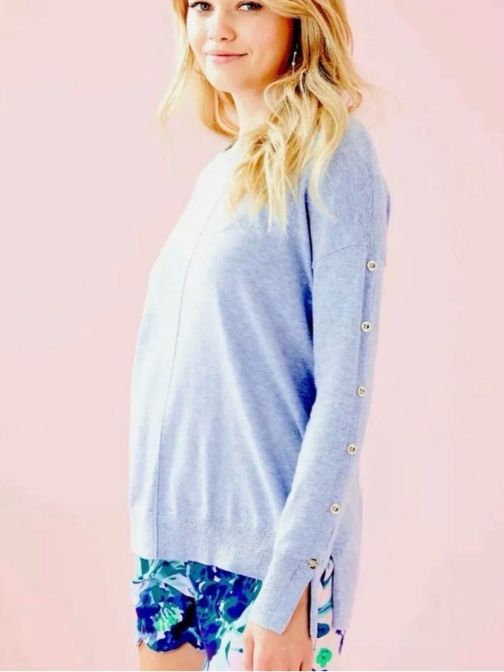 Lilly Pulitzer Milton Coolmax Blue Button Sleeve Sweater M